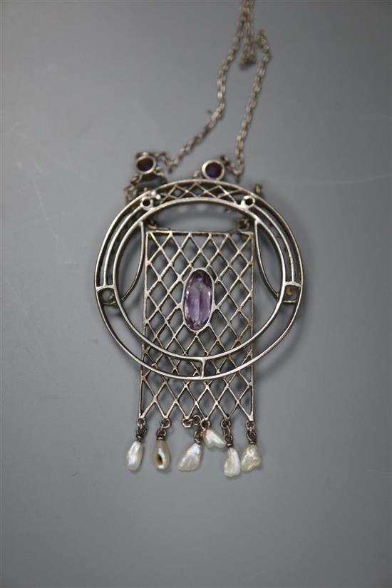 An early 20th century Austrian? secessionist style sterling silver, white enamel, amethyst and baroque pearl drop pendant necklace,